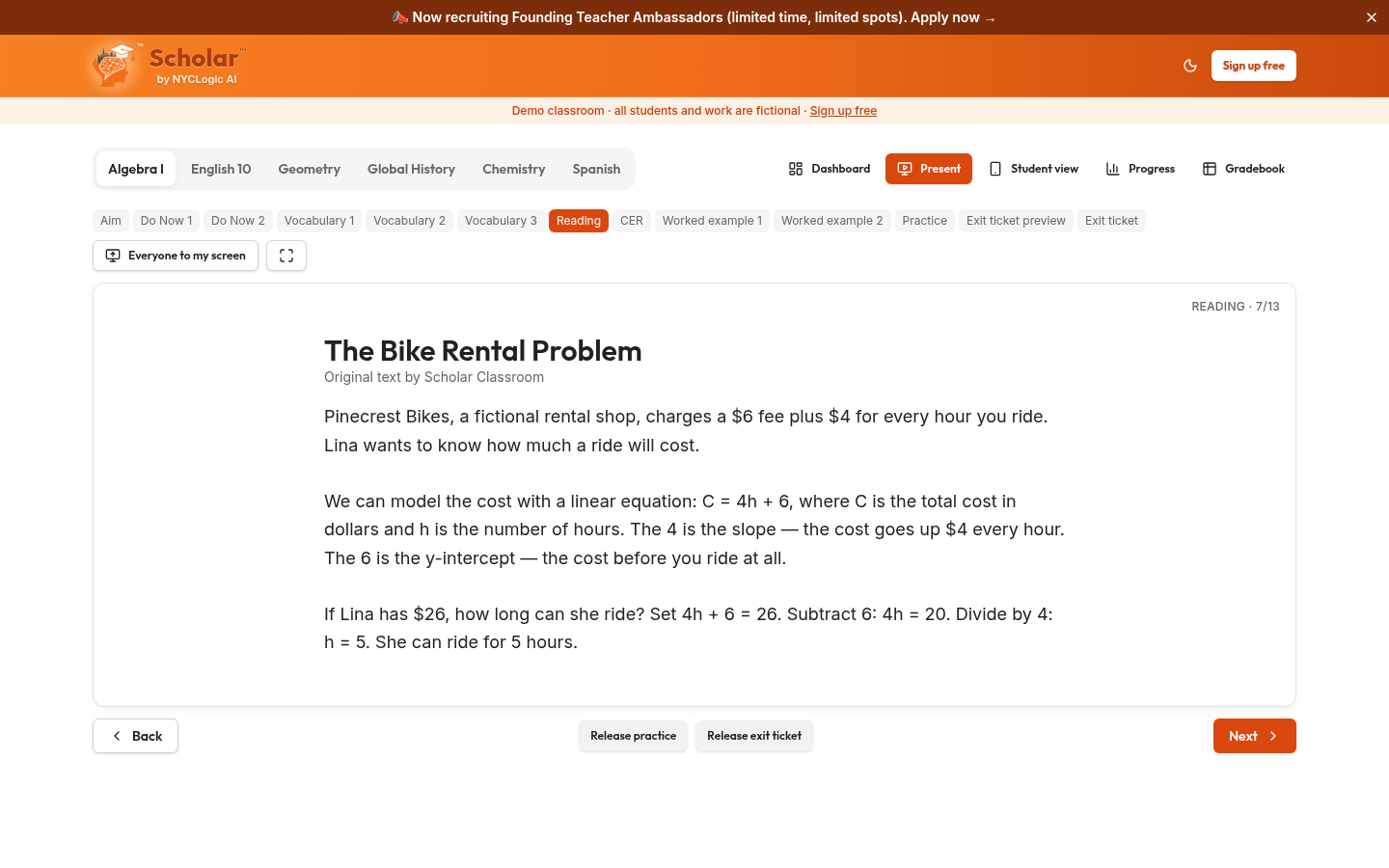 Actual orange Scholar fictional demo — Algebra I worked reading