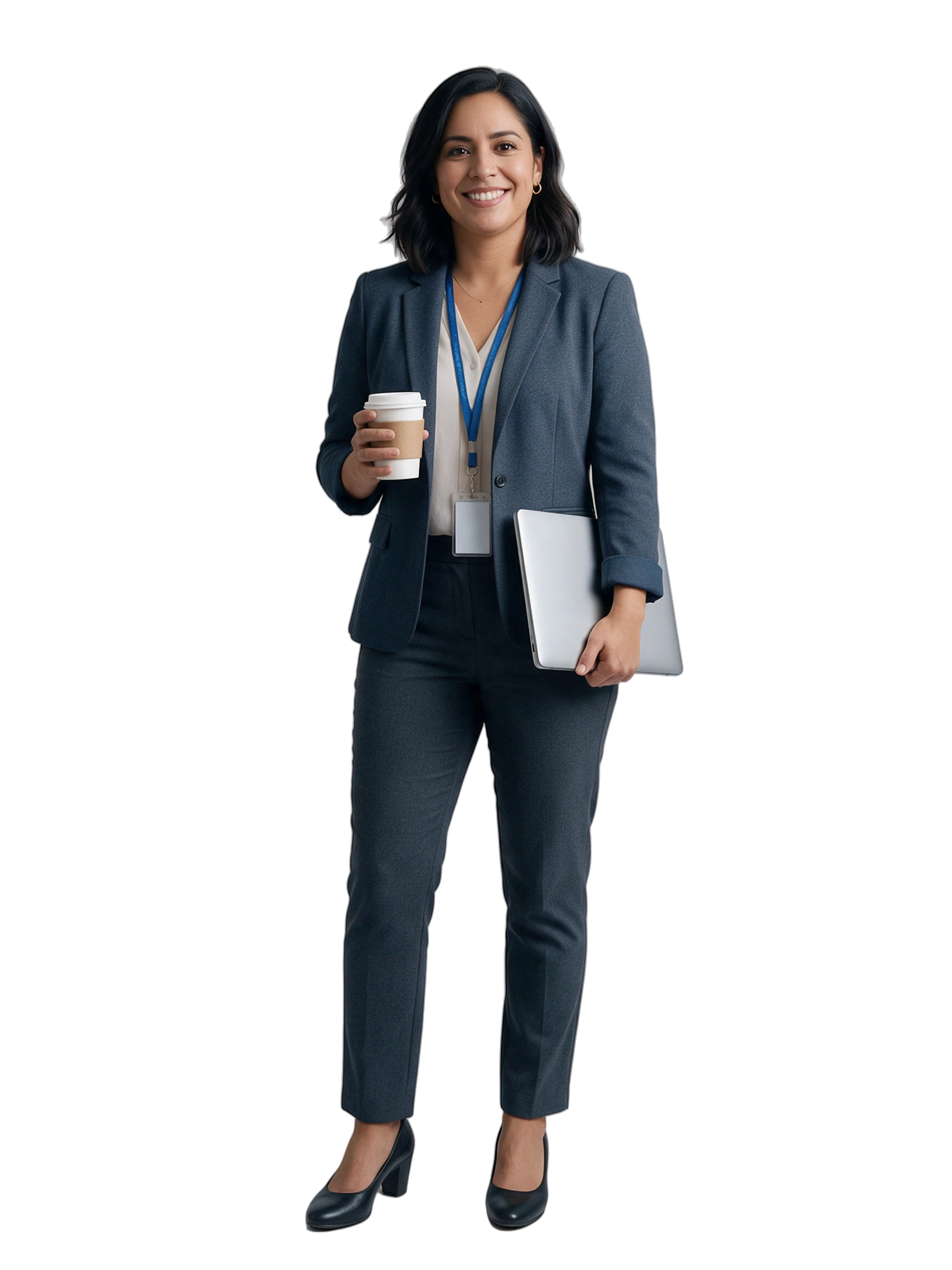 The same teacher standing calmly with coffee and a laptop.