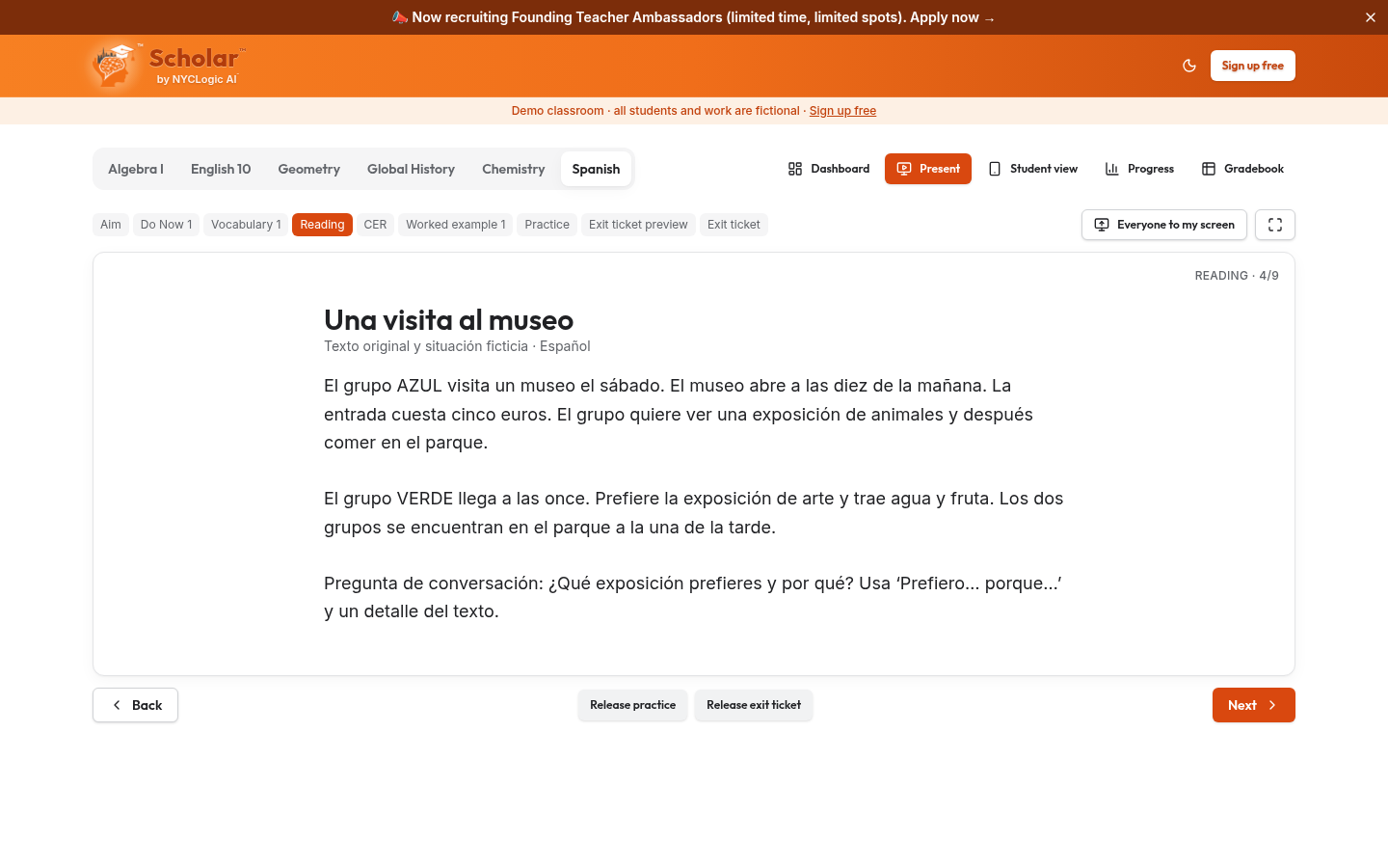 Actual orange Scholar fictional demo — Spanish reading: Una visita al museo