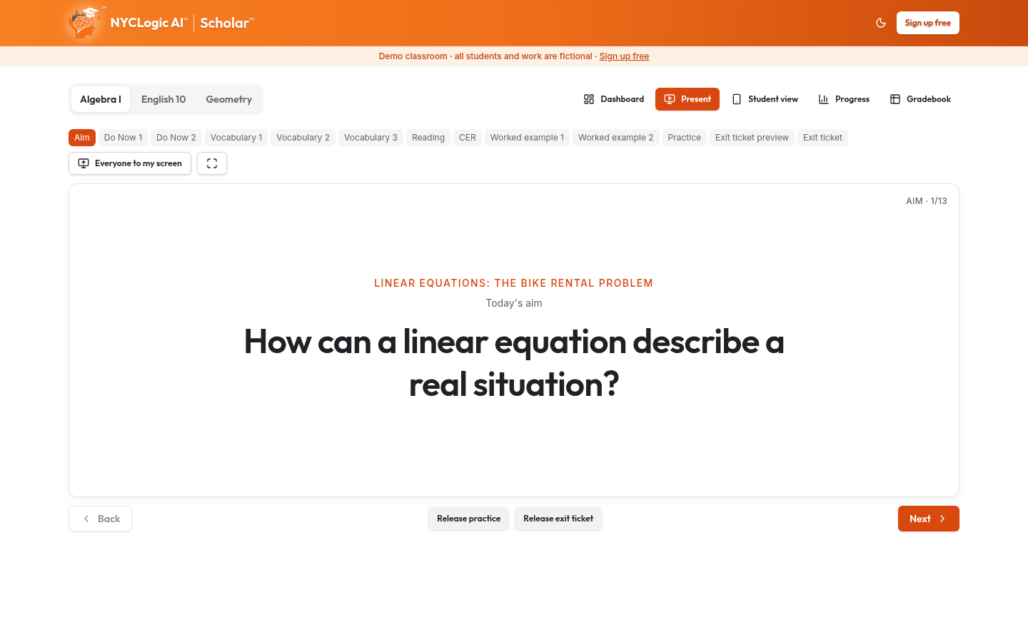 Actual orange Scholar demo showing the Algebra I lesson slides in Present mode