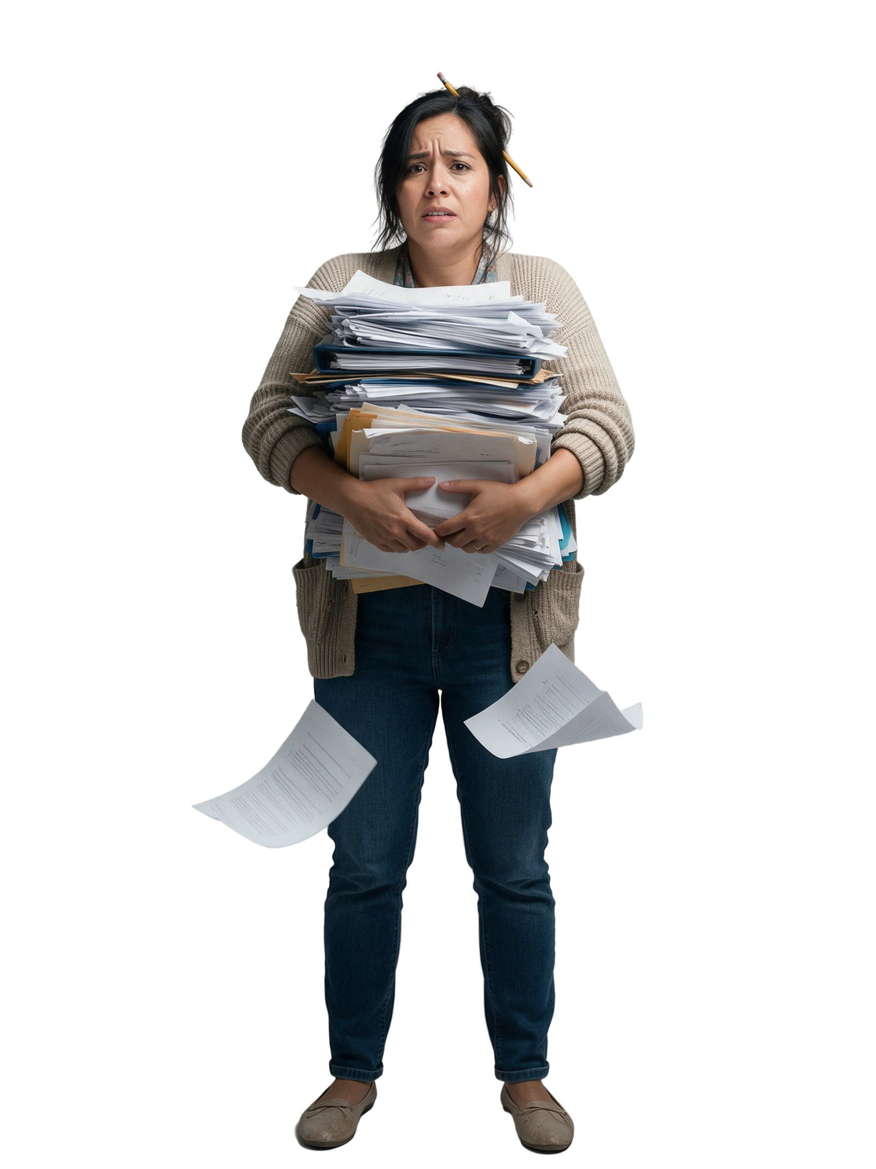 The teacher standing with her arms full of papers, looking stressed.